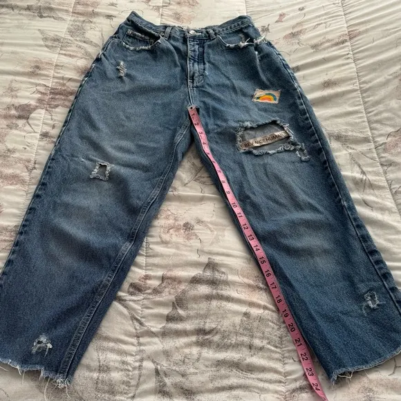 Born Again Bluez blue distressed high waisted jeans, size S patched ankle