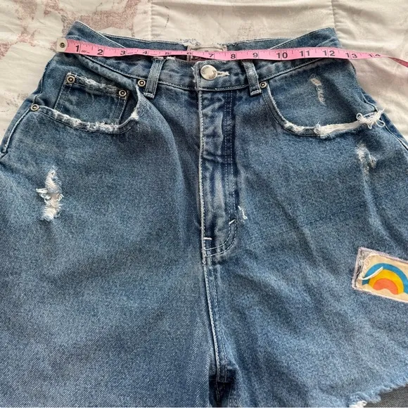 Born Again Bluez blue distressed high waisted jeans, size S patched ankle