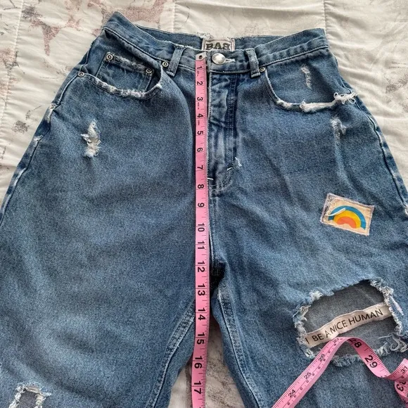Born Again Bluez blue distressed high waisted jeans, size S patched ankle