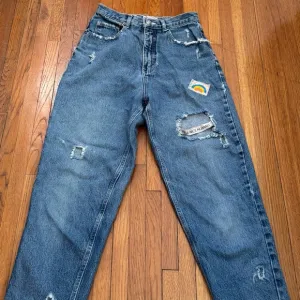 Born Again Bluez blue distressed high waisted jeans, size S patched ankle