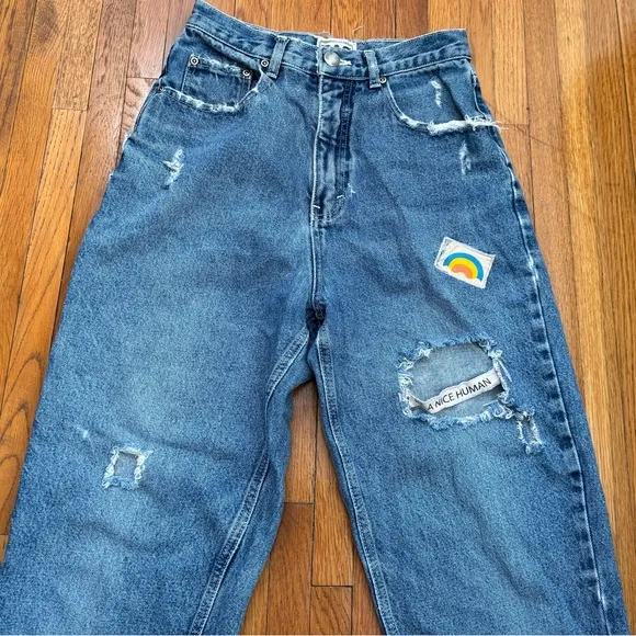 Born Again Bluez blue distressed high waisted jeans, size S patched ankle