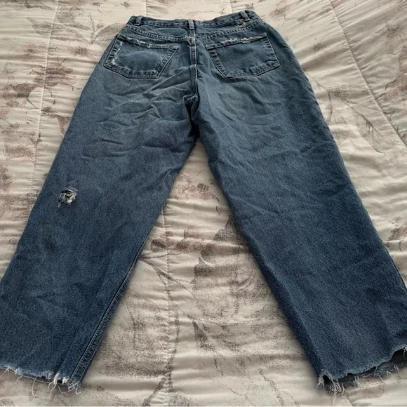 Born Again Bluez blue distressed high waisted jeans, size S patched ankle