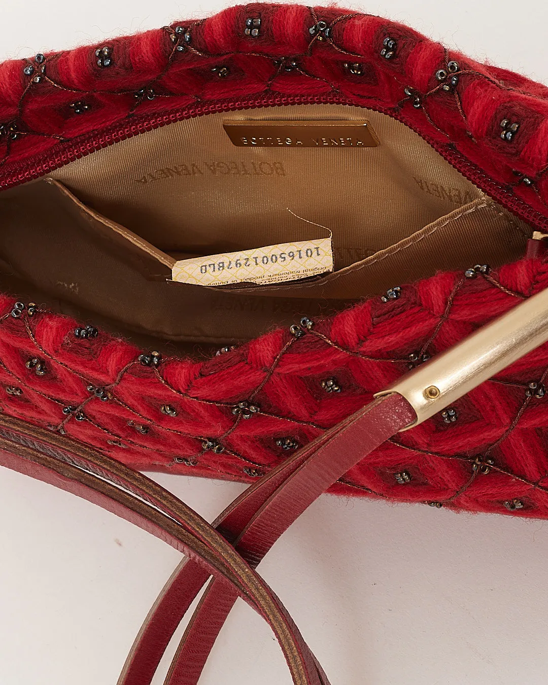 Bottega Veneta Vintage Red Fabric and Beaded Baguette Shoulder Bag