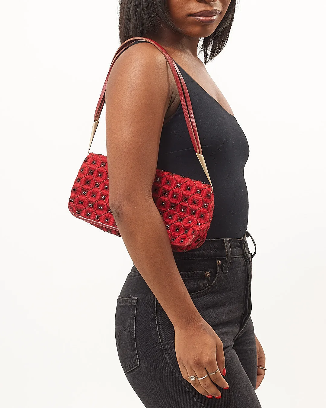 Bottega Veneta Vintage Red Fabric and Beaded Baguette Shoulder Bag