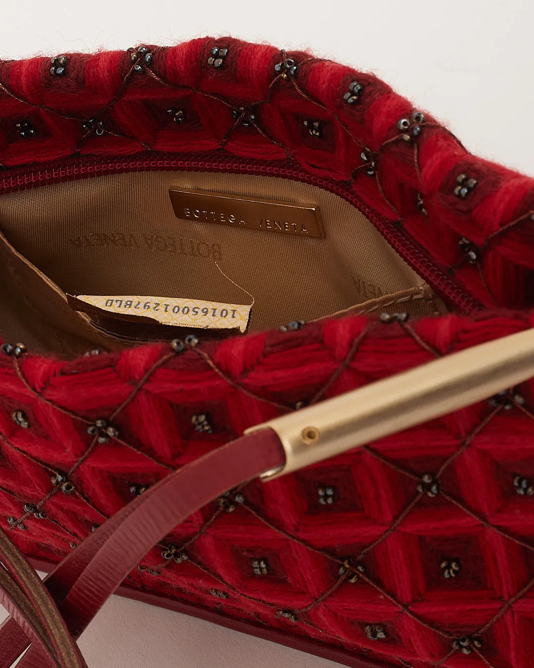 Bottega Veneta Vintage Red Fabric and Beaded Baguette Shoulder Bag