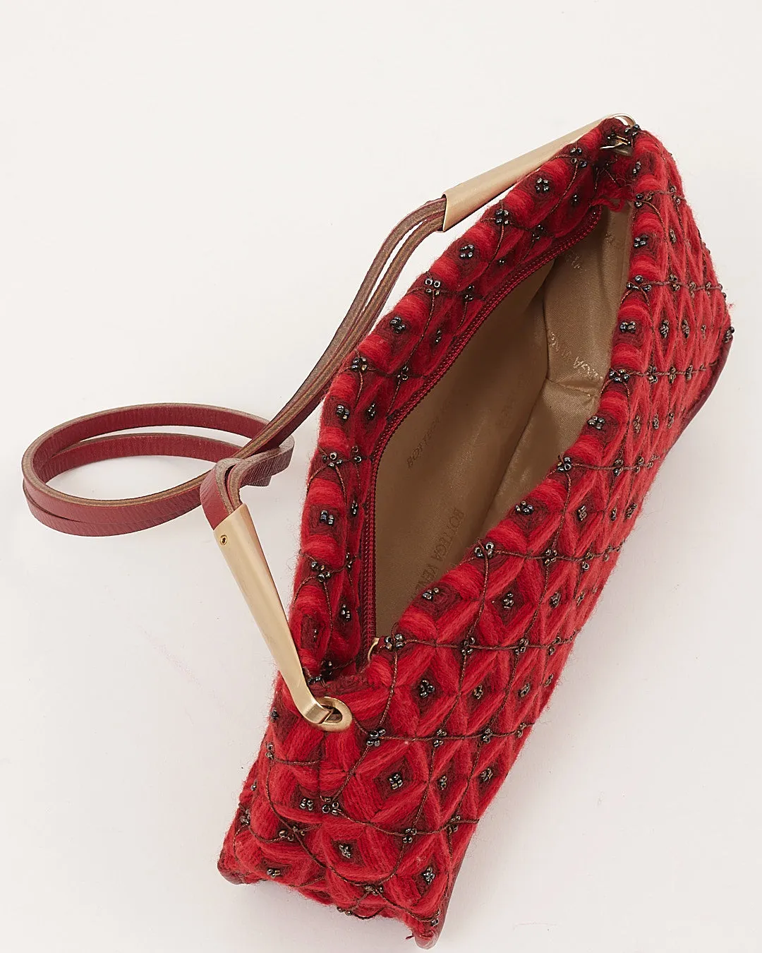 Bottega Veneta Vintage Red Fabric and Beaded Baguette Shoulder Bag