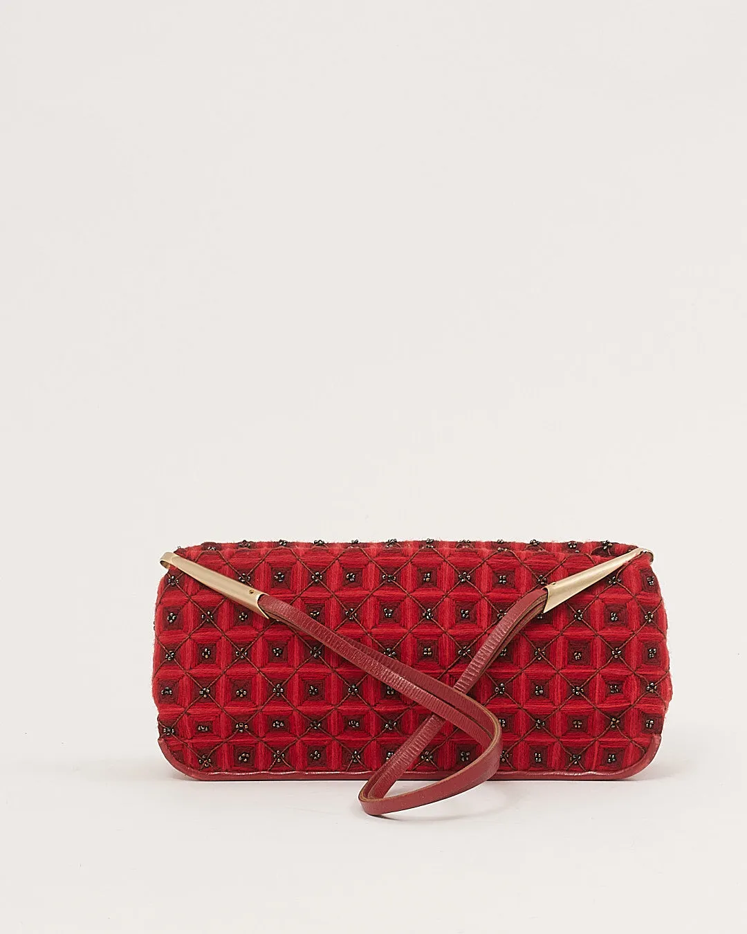Bottega Veneta Vintage Red Fabric and Beaded Baguette Shoulder Bag