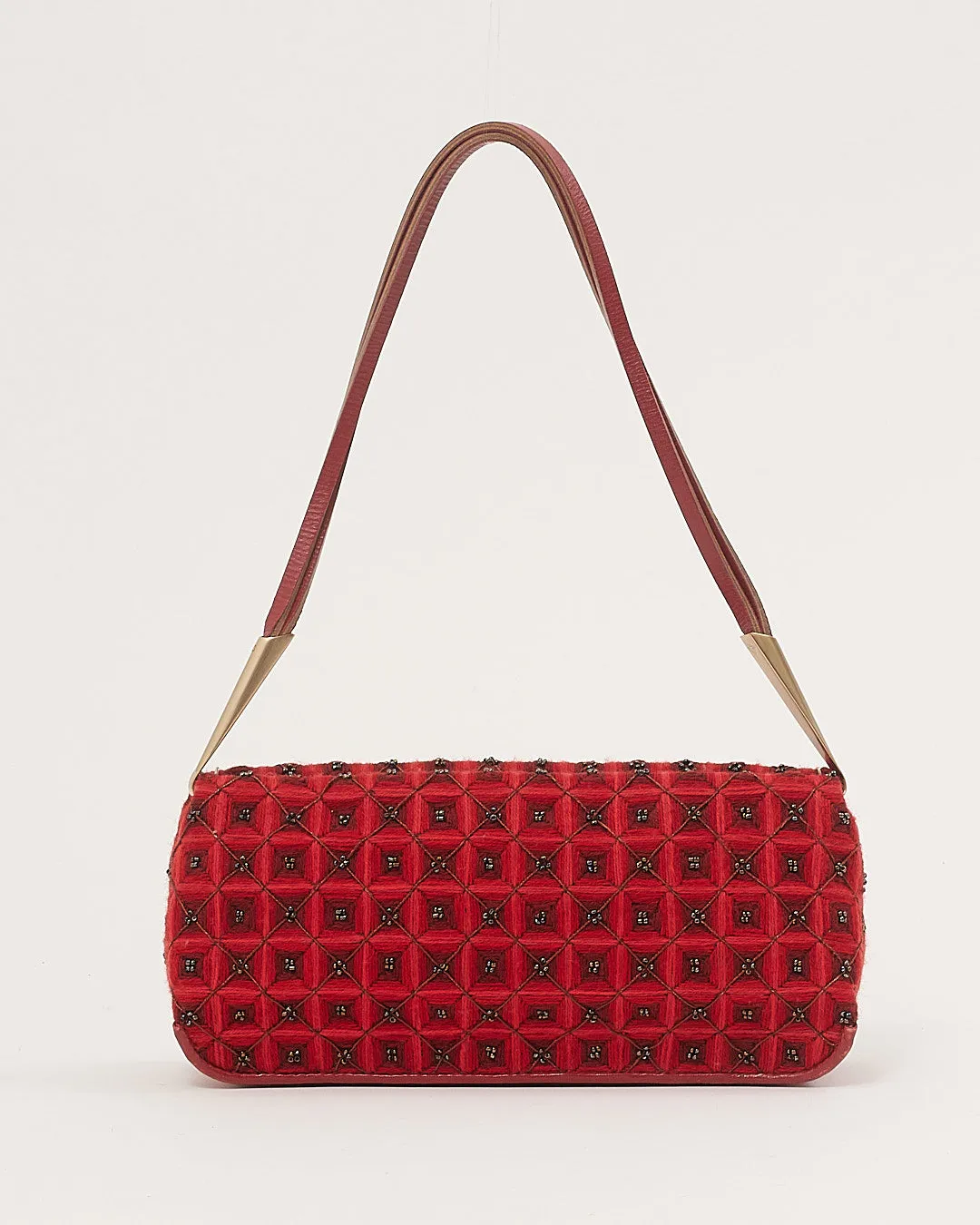 Bottega Veneta Vintage Red Fabric and Beaded Baguette Shoulder Bag