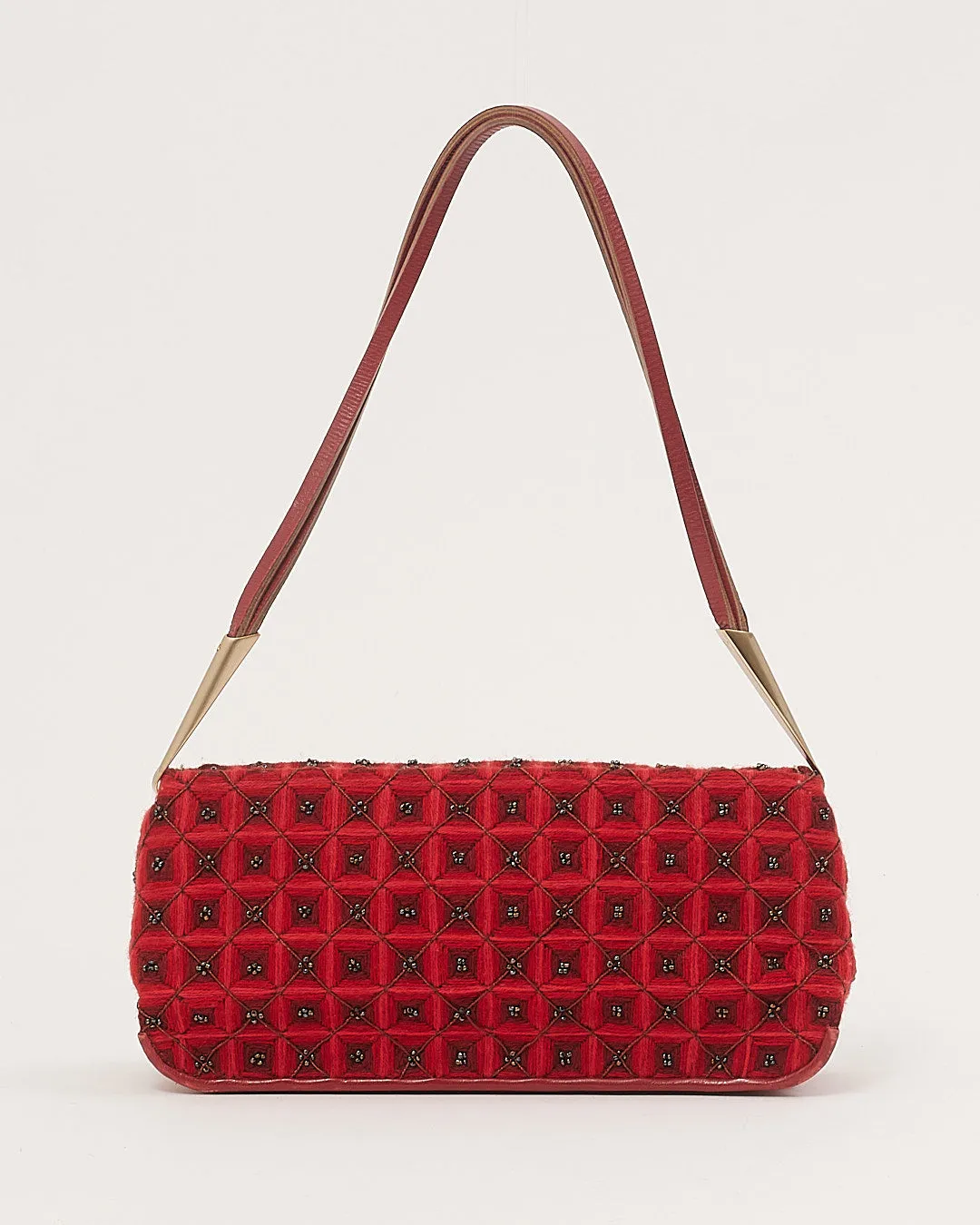 Bottega Veneta Vintage Red Fabric and Beaded Baguette Shoulder Bag