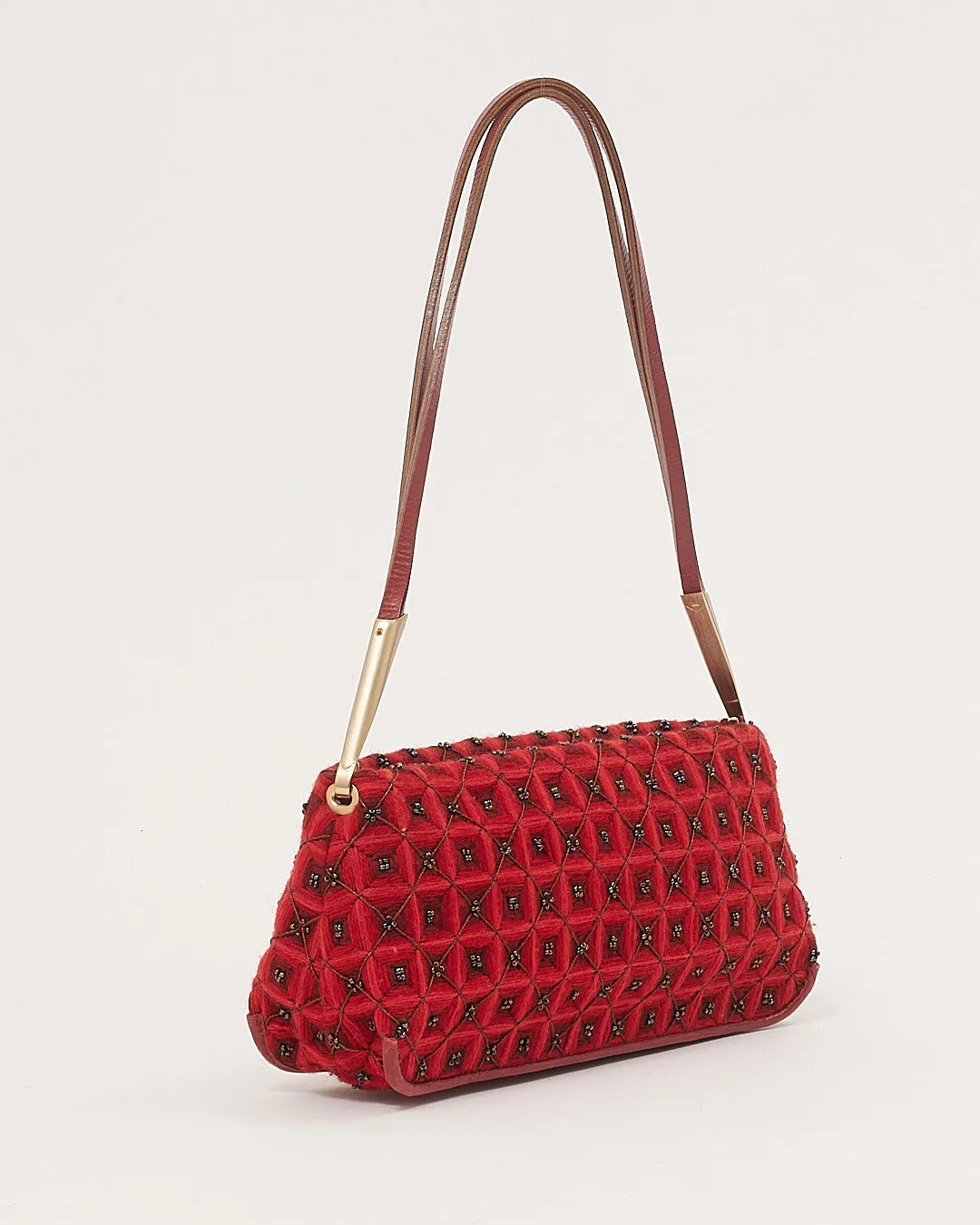 Bottega Veneta Vintage Red Fabric and Beaded Baguette Shoulder Bag