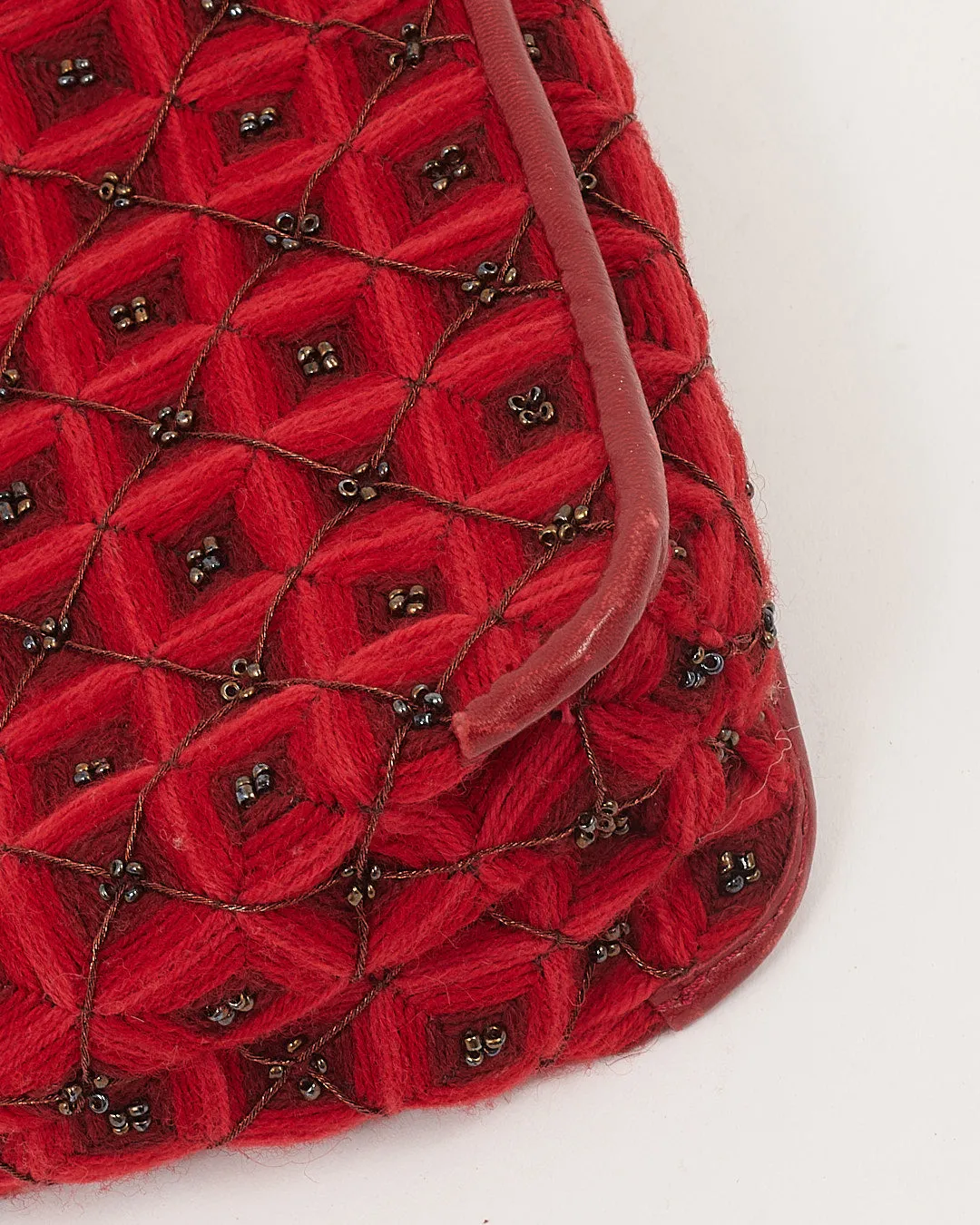 Bottega Veneta Vintage Red Fabric and Beaded Baguette Shoulder Bag