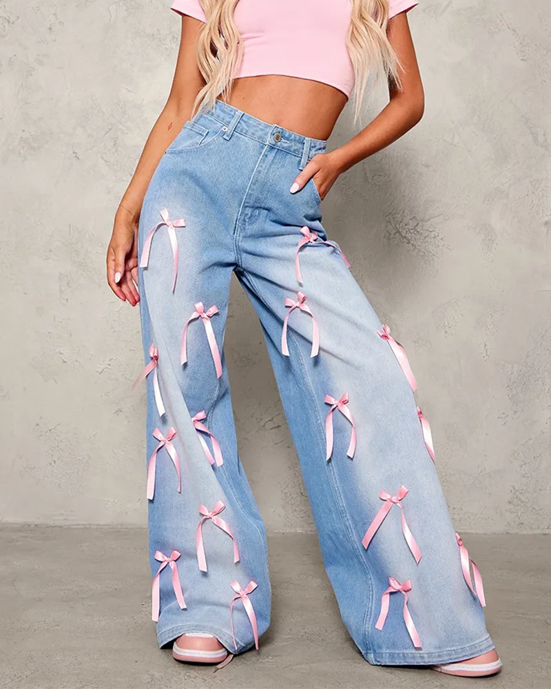 Bow High-Rise Wide-Leg Jeans