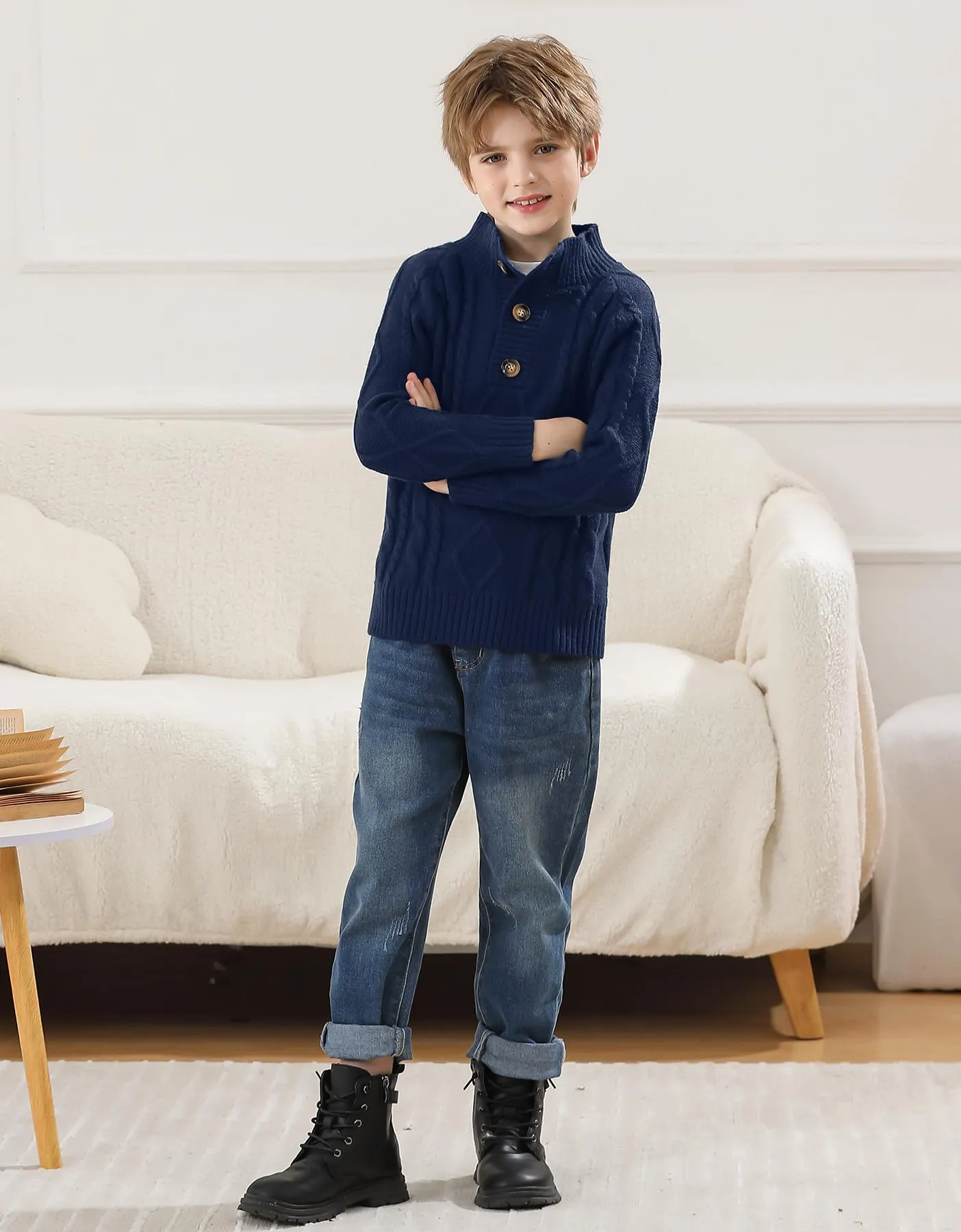 Boy's Mock-Neck Button Up Cable-Knitted Sweater