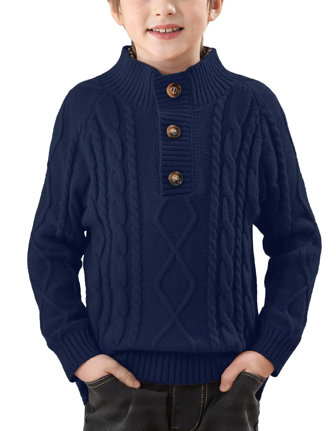Boy's Mock-Neck Button Up Cable-Knitted Sweater