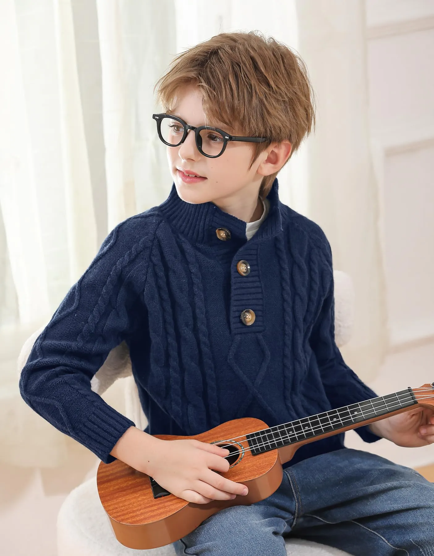 Boy's Mock-Neck Button Up Cable-Knitted Sweater