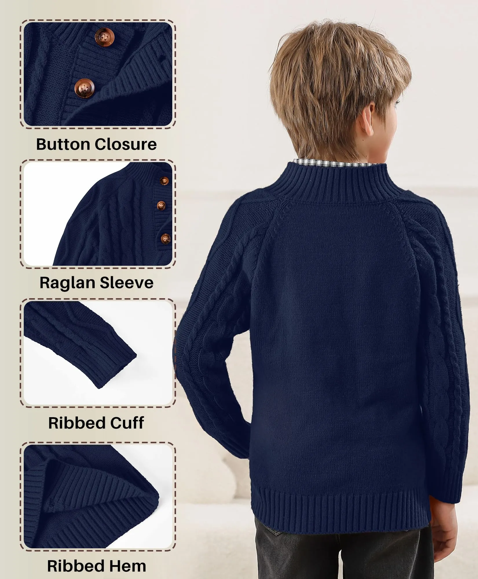 Boy's Mock-Neck Button Up Cable-Knitted Sweater