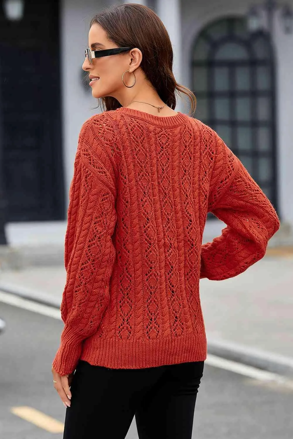 Brick Red Cable Knit Crew Neck Sweater