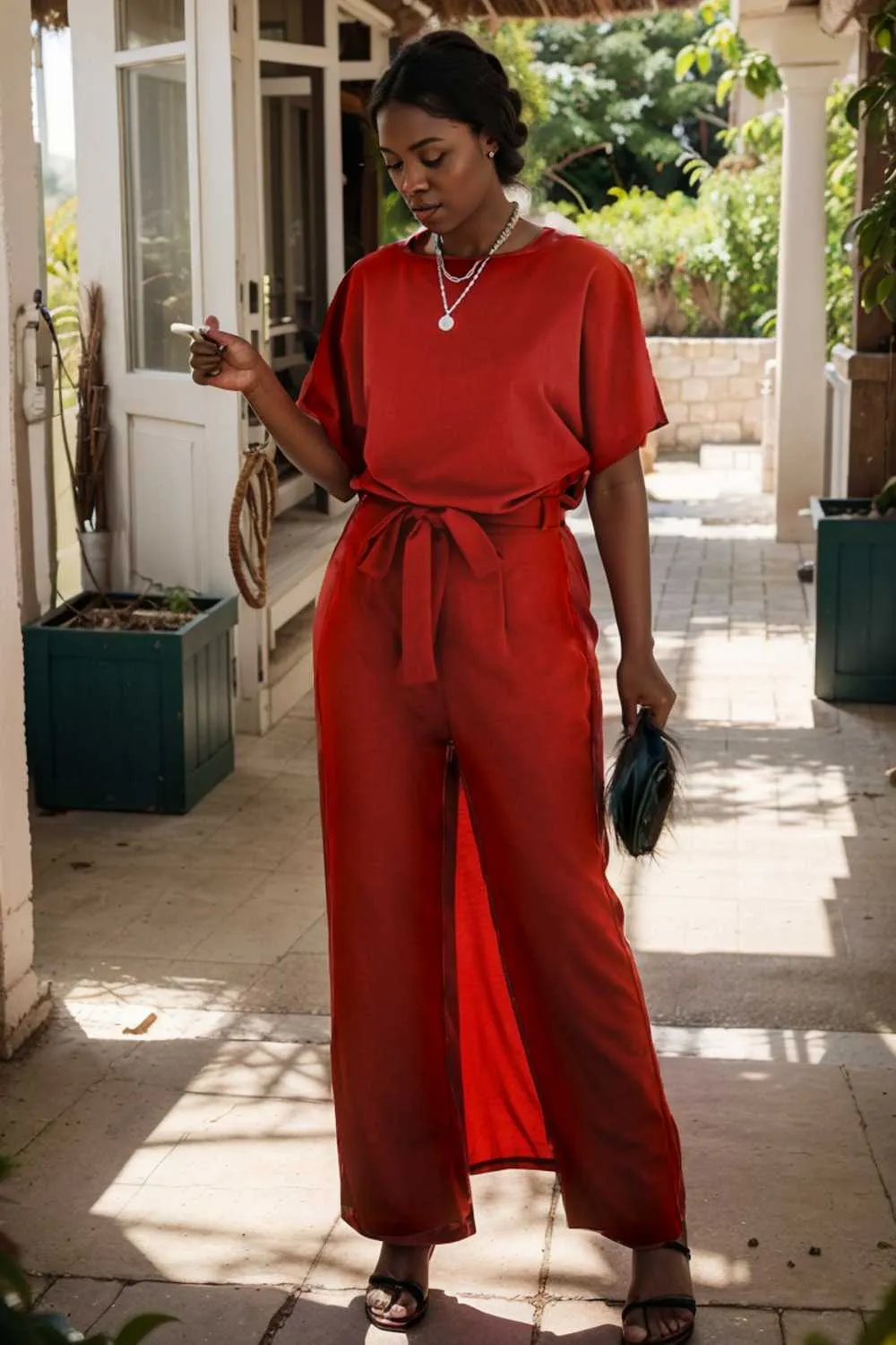 burning red belted wide leg jumpsuit