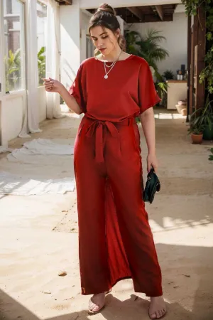 burning red belted wide leg jumpsuit