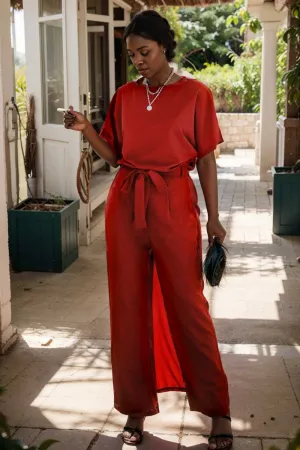 burning red belted wide leg jumpsuit