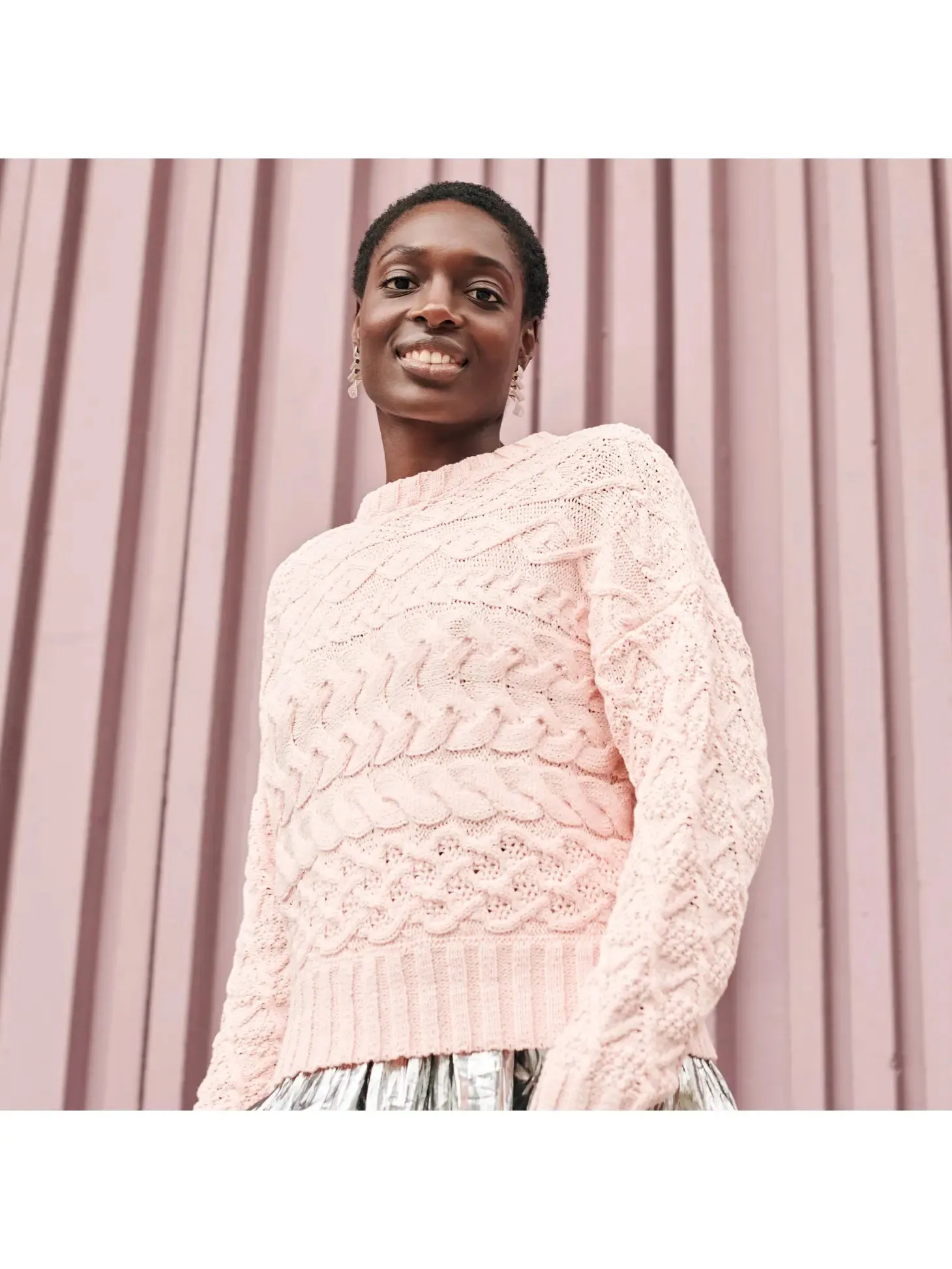Cable Crewneck Sweater- light pink