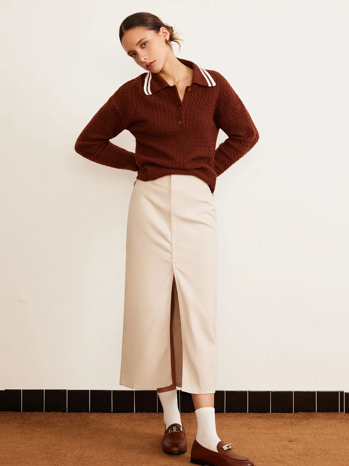 Cable Knit Button Polo Sweater