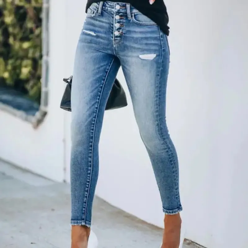 Carlotta | Women's High-Rise Distressed Skinny Jeans | Button Fly