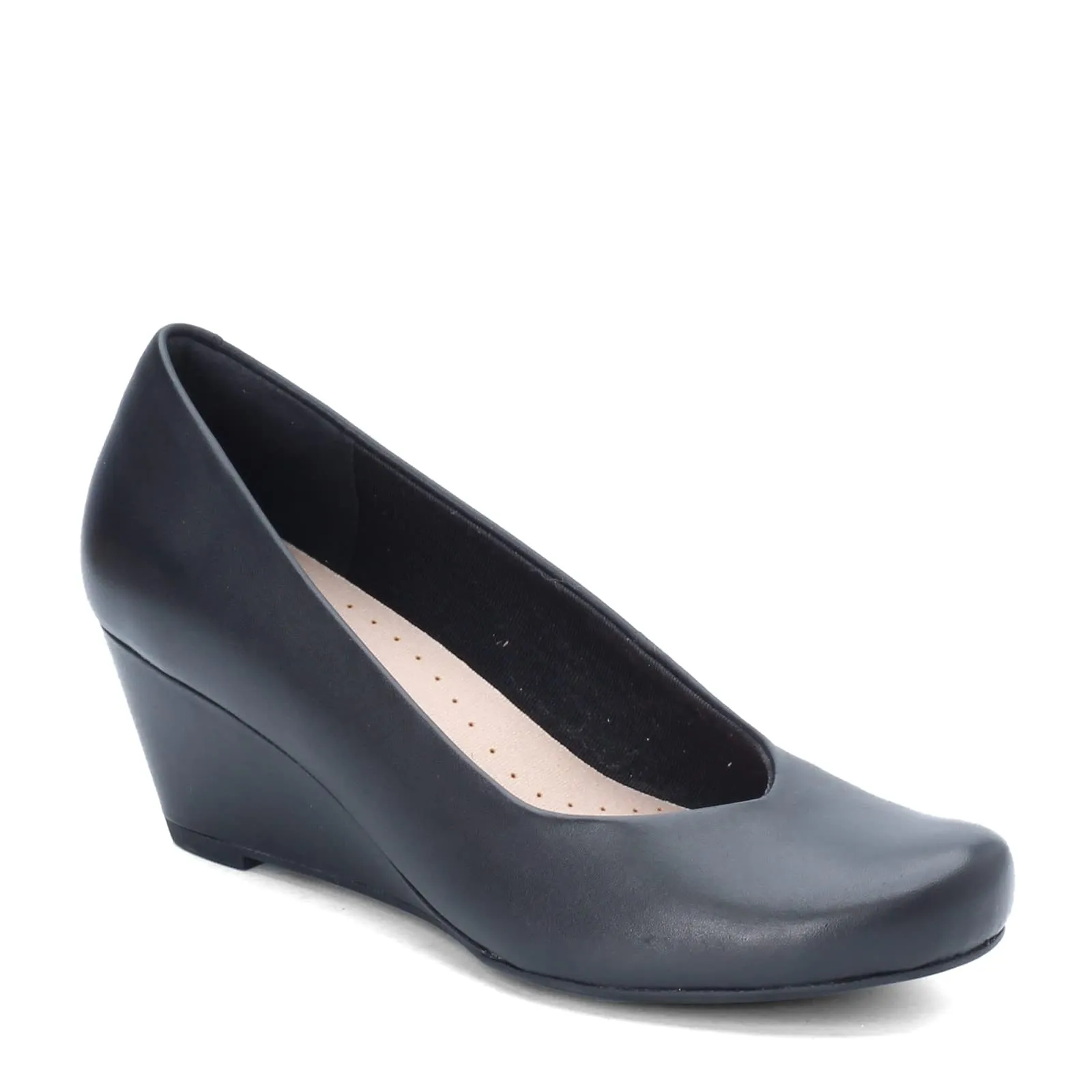 Clarks Women's Flores Tulip Wedge Pump,Black Leather,9 M US