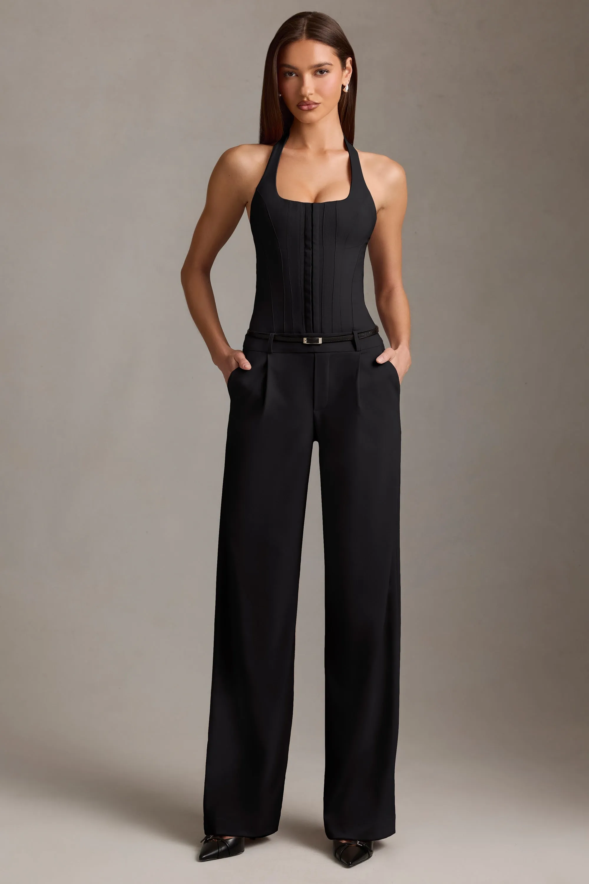 Corset-Detail Halterneck Jumpsuit in Black