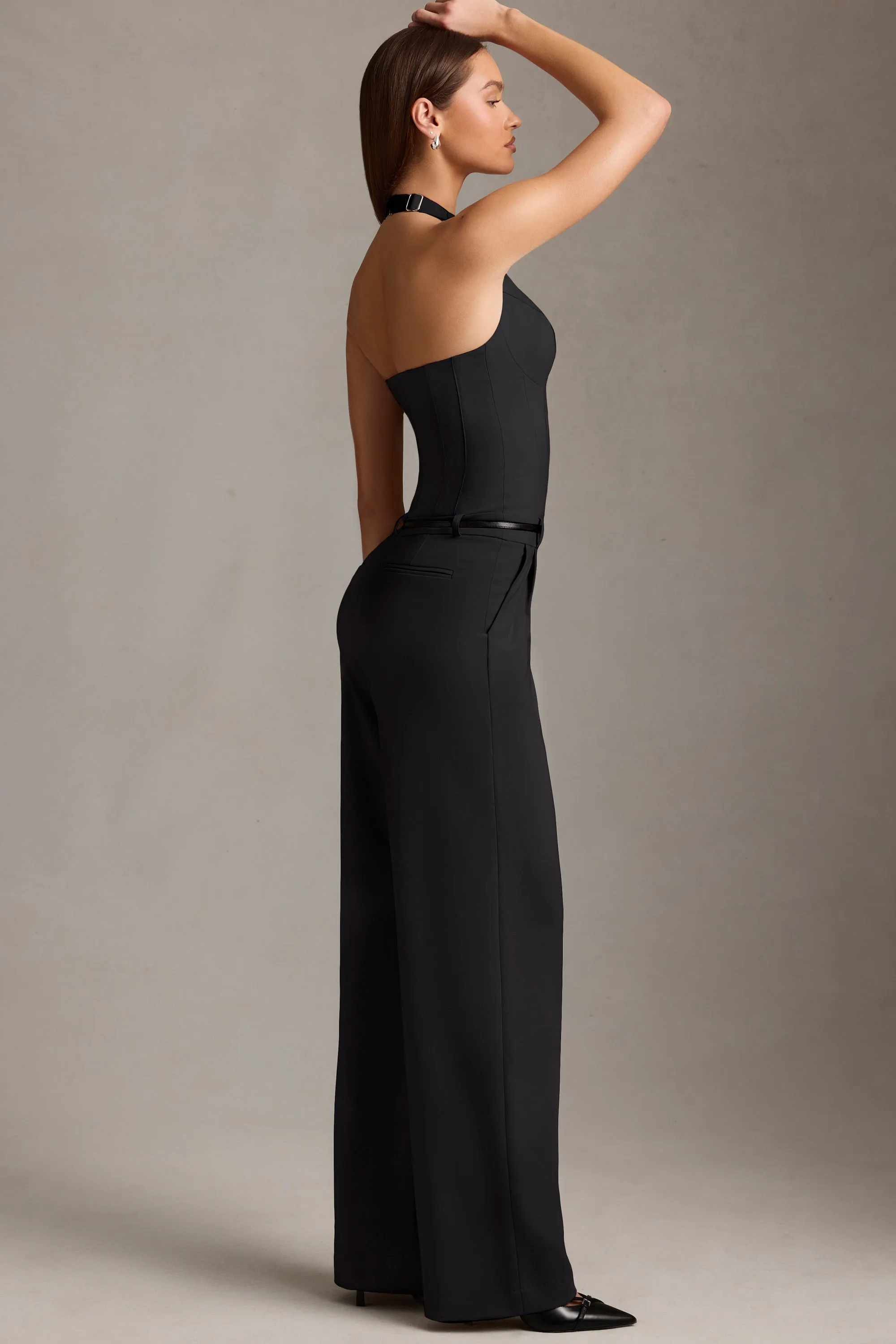 Corset-Detail Halterneck Jumpsuit in Black