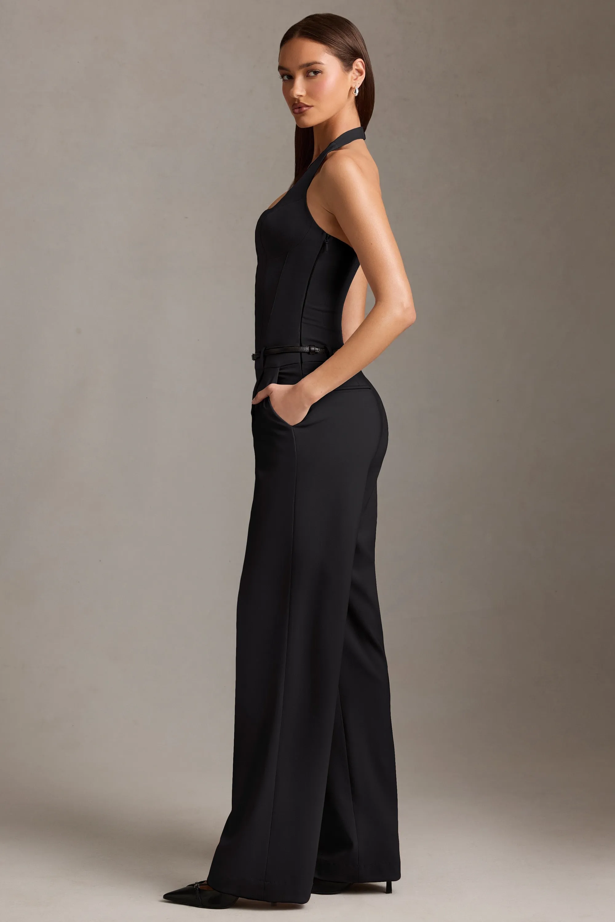 Corset-Detail Halterneck Jumpsuit in Black