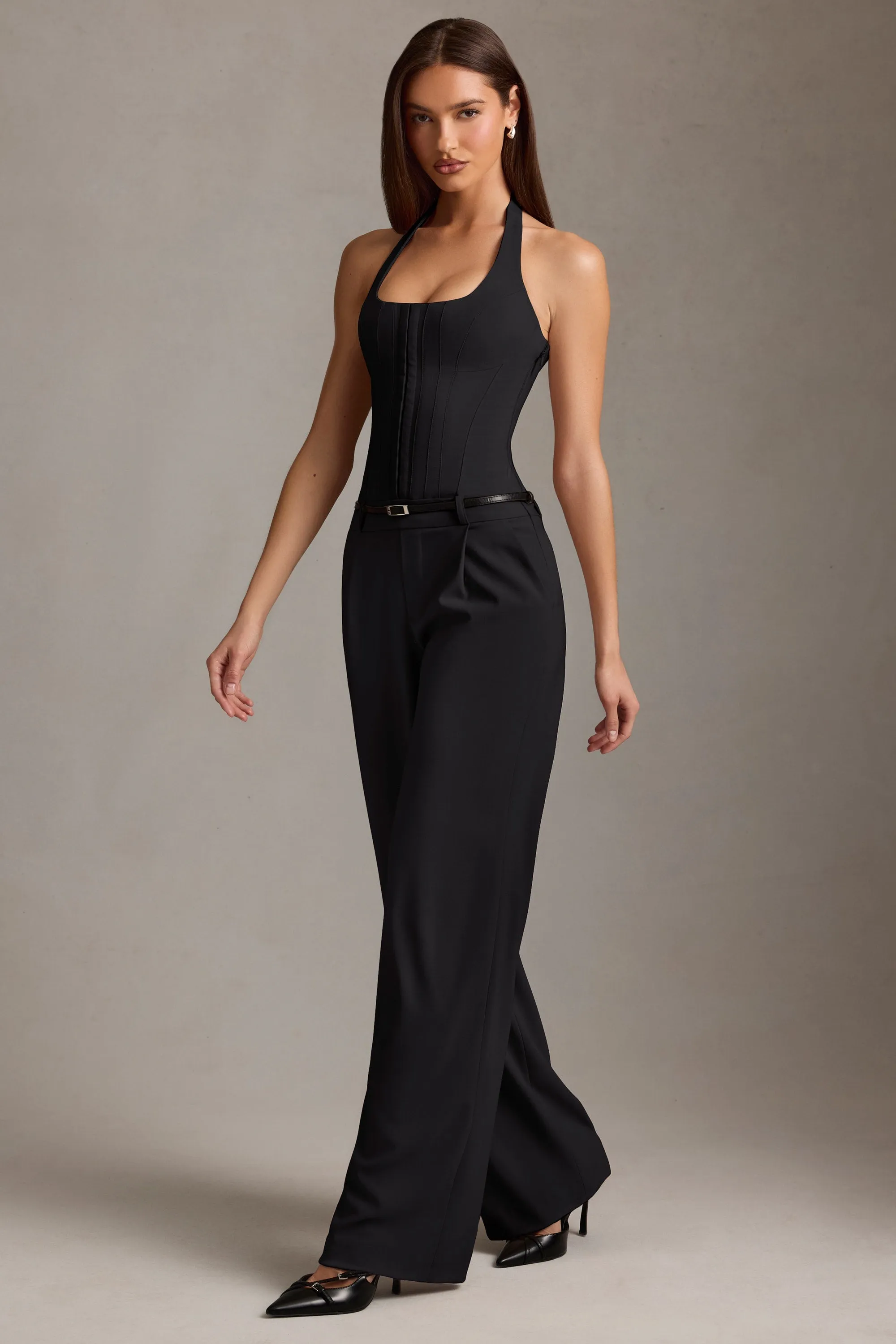 Corset-Detail Halterneck Jumpsuit in Black