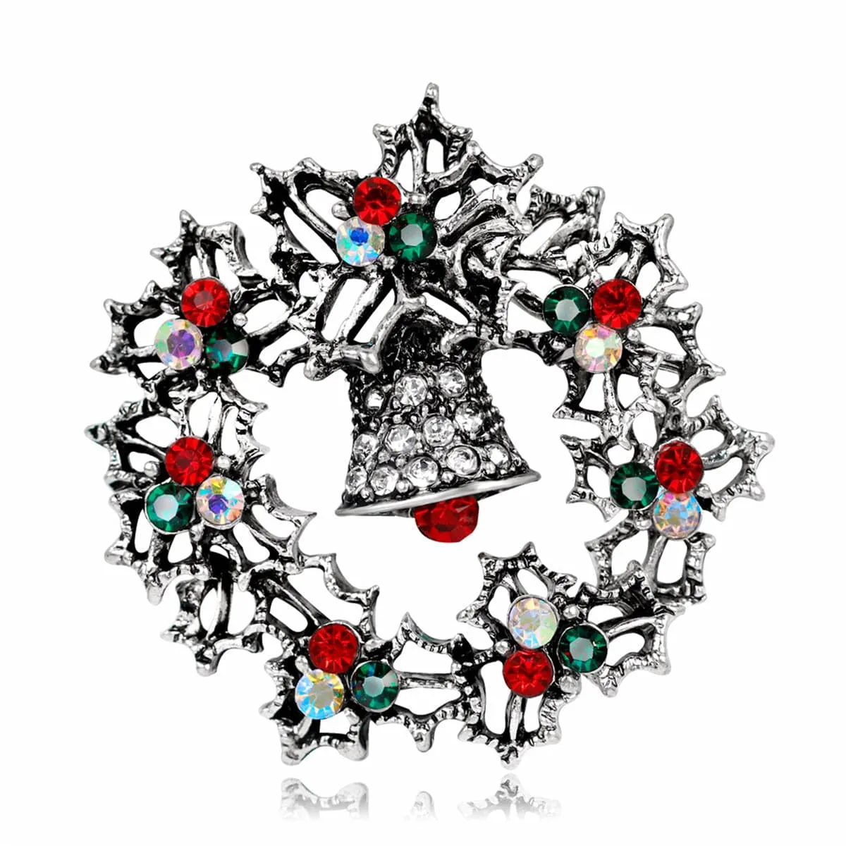 Cubic Zirconia & Silver-Plated Bell Wreath Brooch