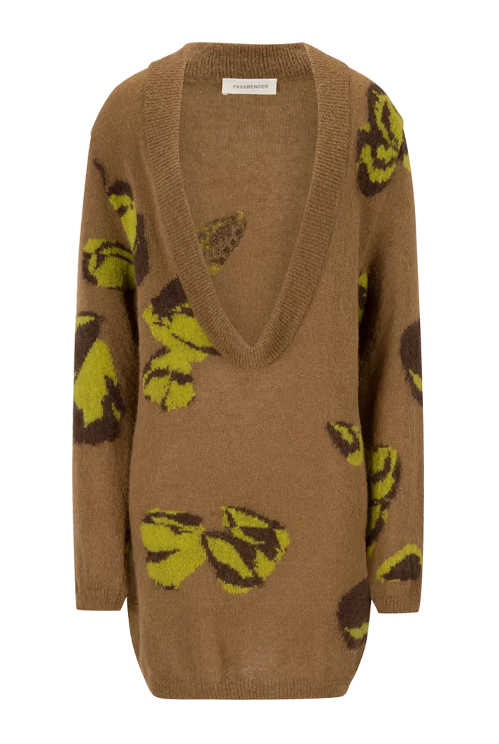 Deep V-Neck Floral Print Sweater | Camel