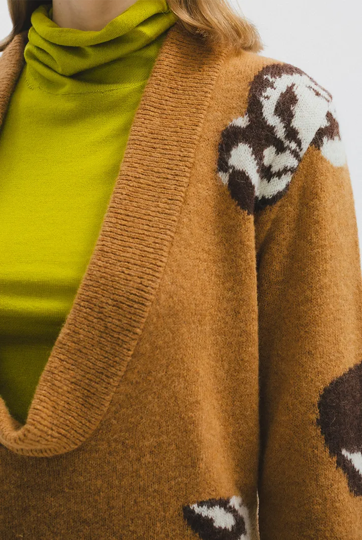 Deep V-Neck Floral Print Sweater | Camel