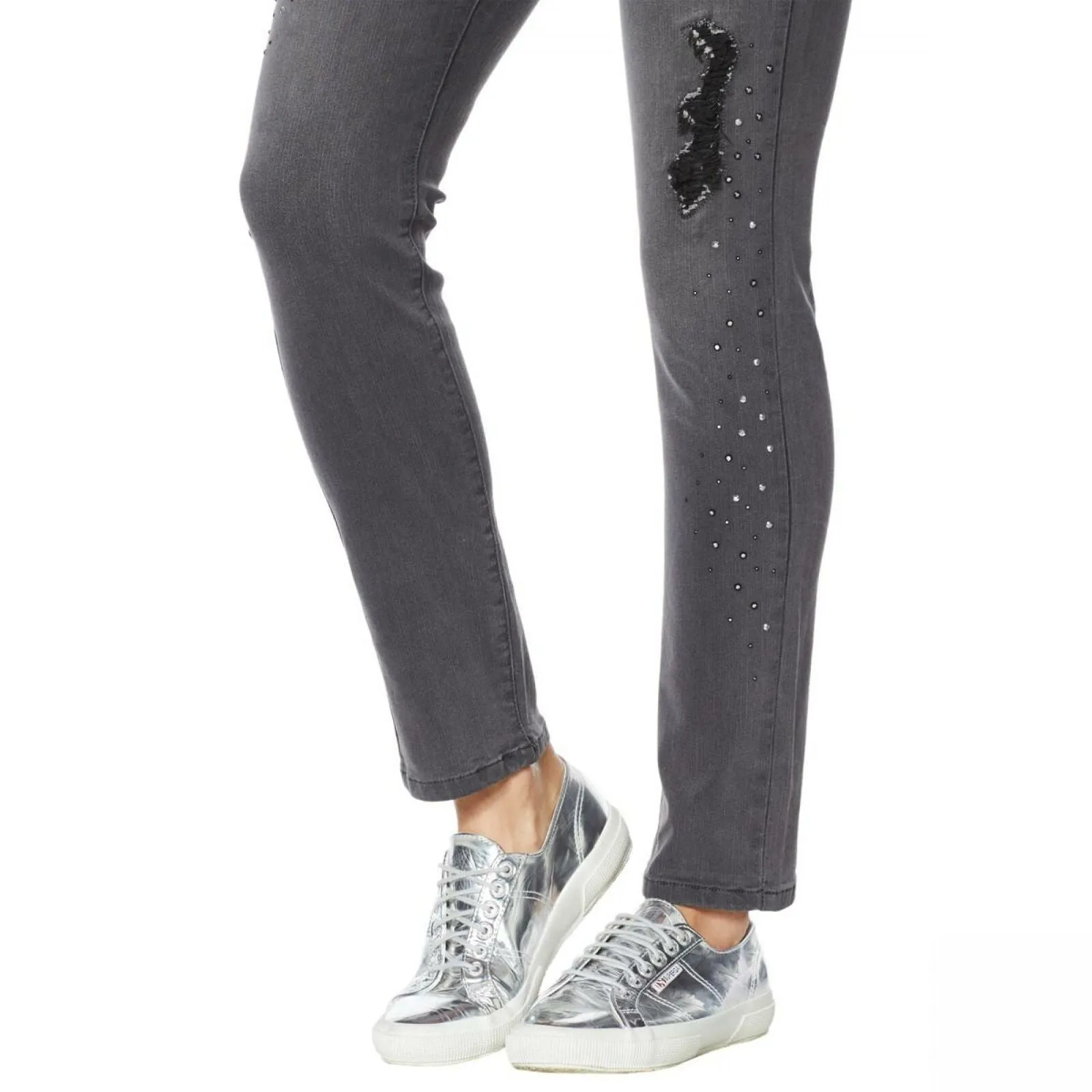 DG2 by Diane Gilman Destructed Multi Stone Skinny Jeans Petite Plus 20W Gray