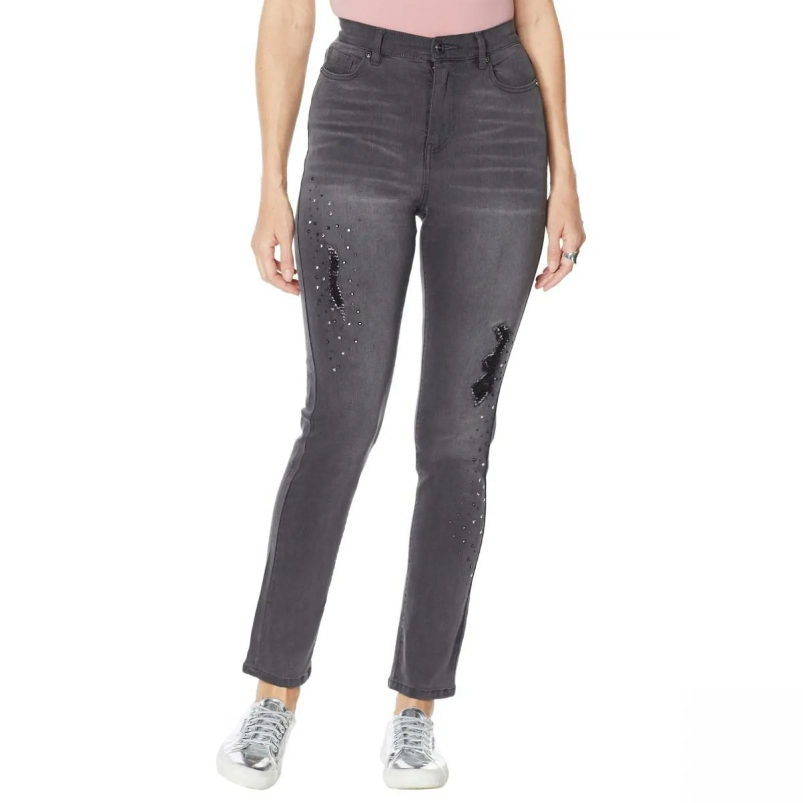 DG2 by Diane Gilman Destructed Multi Stone Skinny Jeans Petite Plus 20W Gray