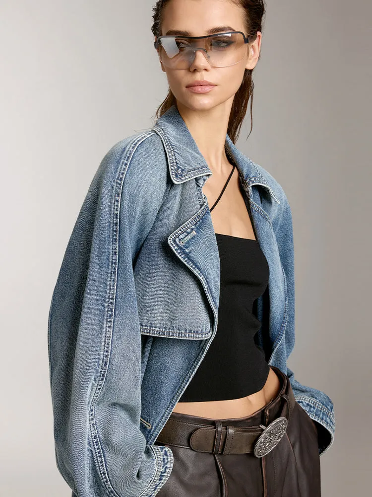 Elegant Lapel Long Fit Denim Jacket