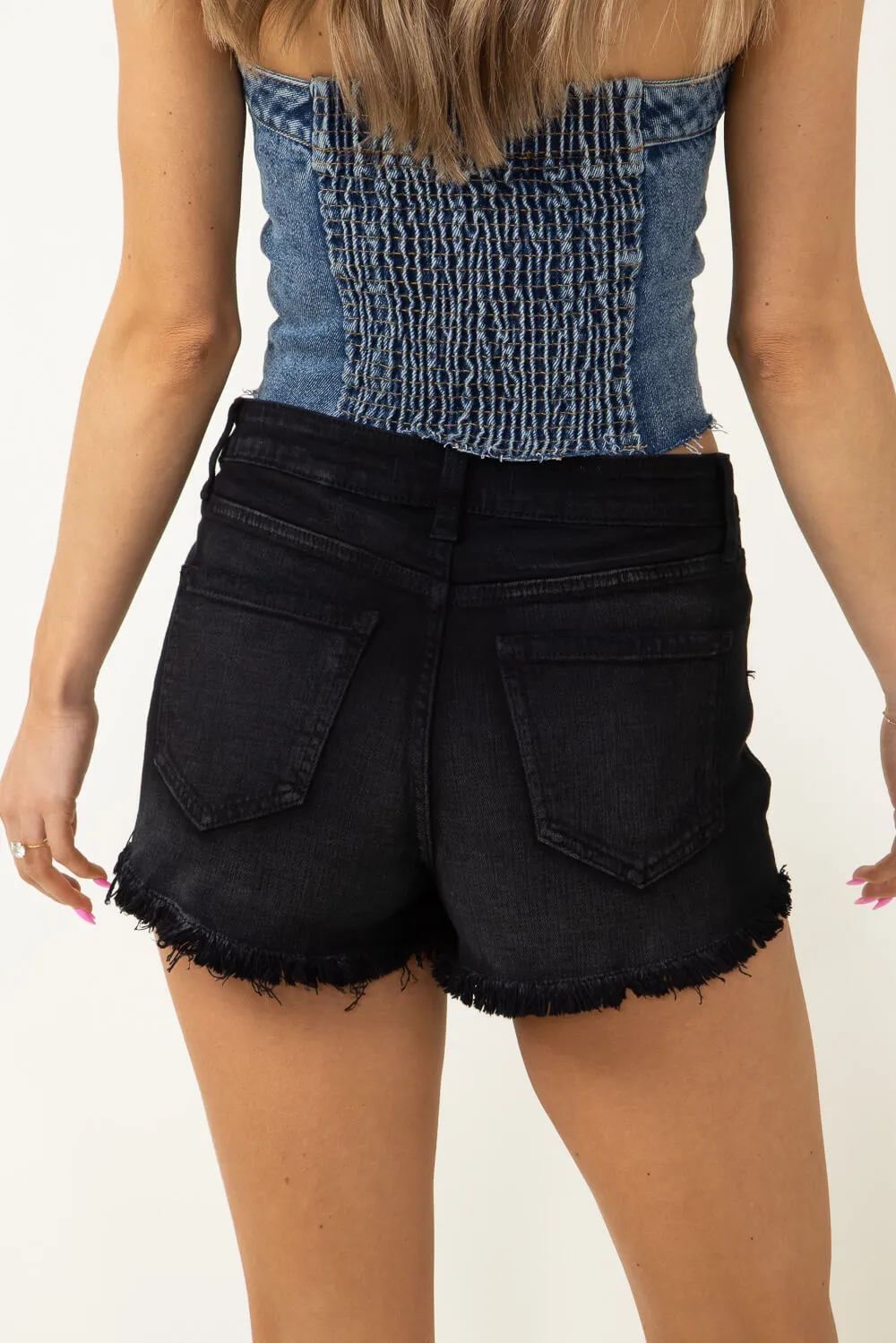Eunina Lulu High Rise Distress Fray Shorts for Women in Black | E38047ZEP
