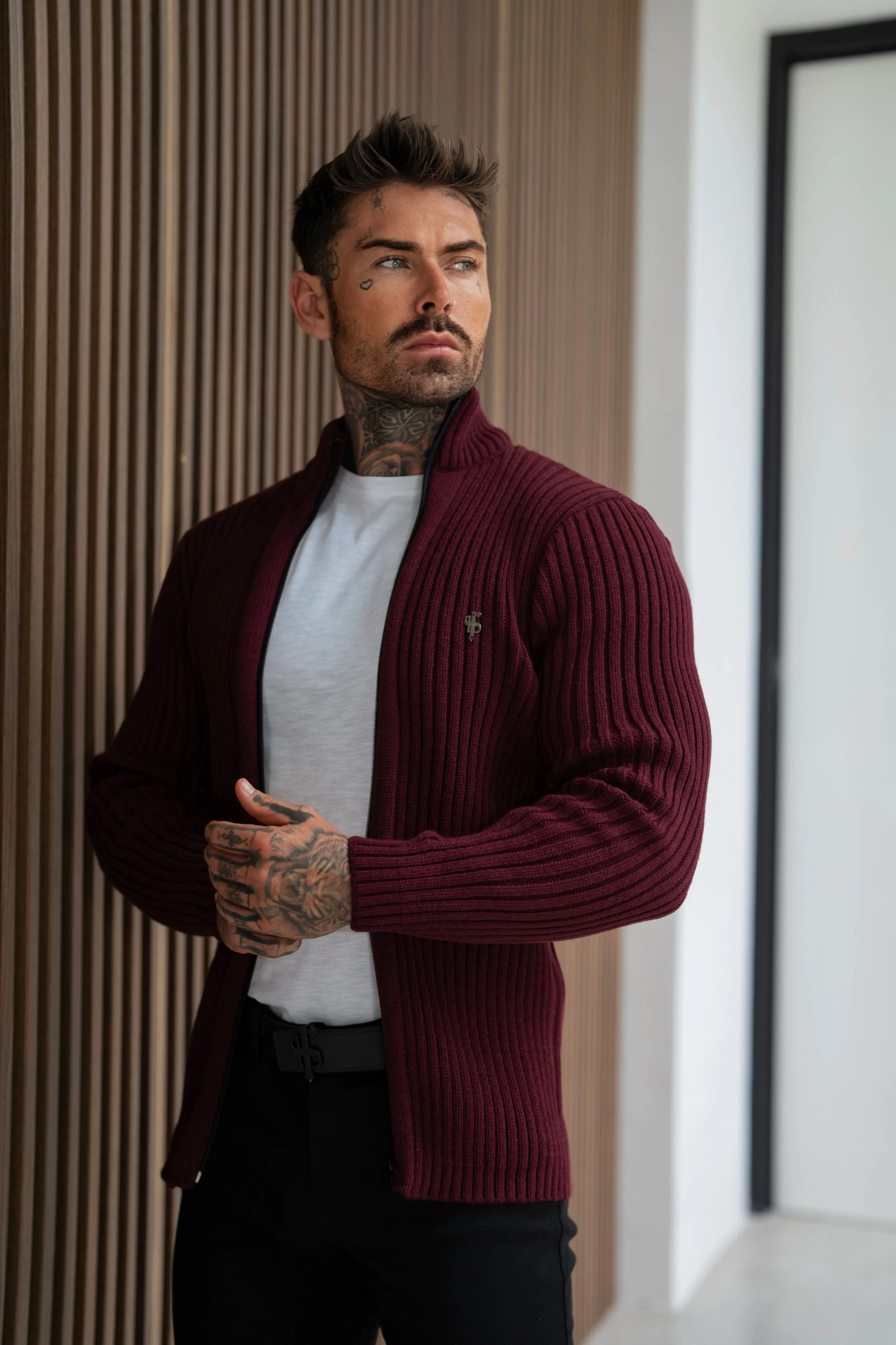 Father Sons Chunky Burgundy Ribbed Zipped Cardigan - FSJ071