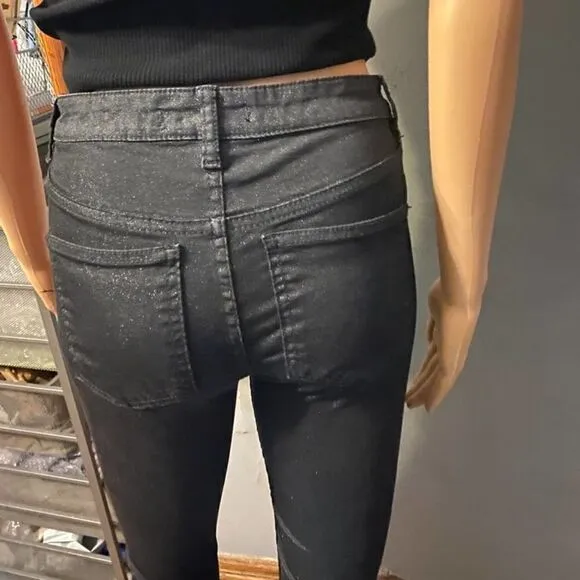 Free People High-Rise, High-Waisted Black Sparkle Glitter Jeans - Sz 25