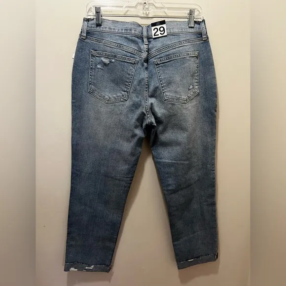Gap Mid Rise Girlfriend Jeans distressed by manufacturer rips raw hem 29 NWT