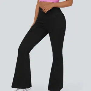 Halara Flex High Waisted Crossover Stretchy Knit Super Flare Jeans Black Denim