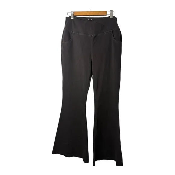 Halara Flex High Waisted Crossover Stretchy Knit Super Flare Jeans Black Denim
