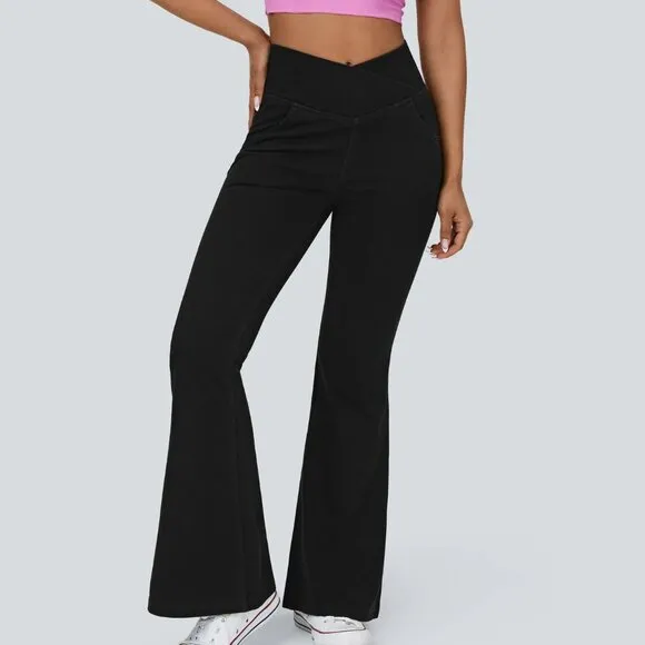 Halara Flex High Waisted Crossover Stretchy Knit Super Flare Jeans Black Denim