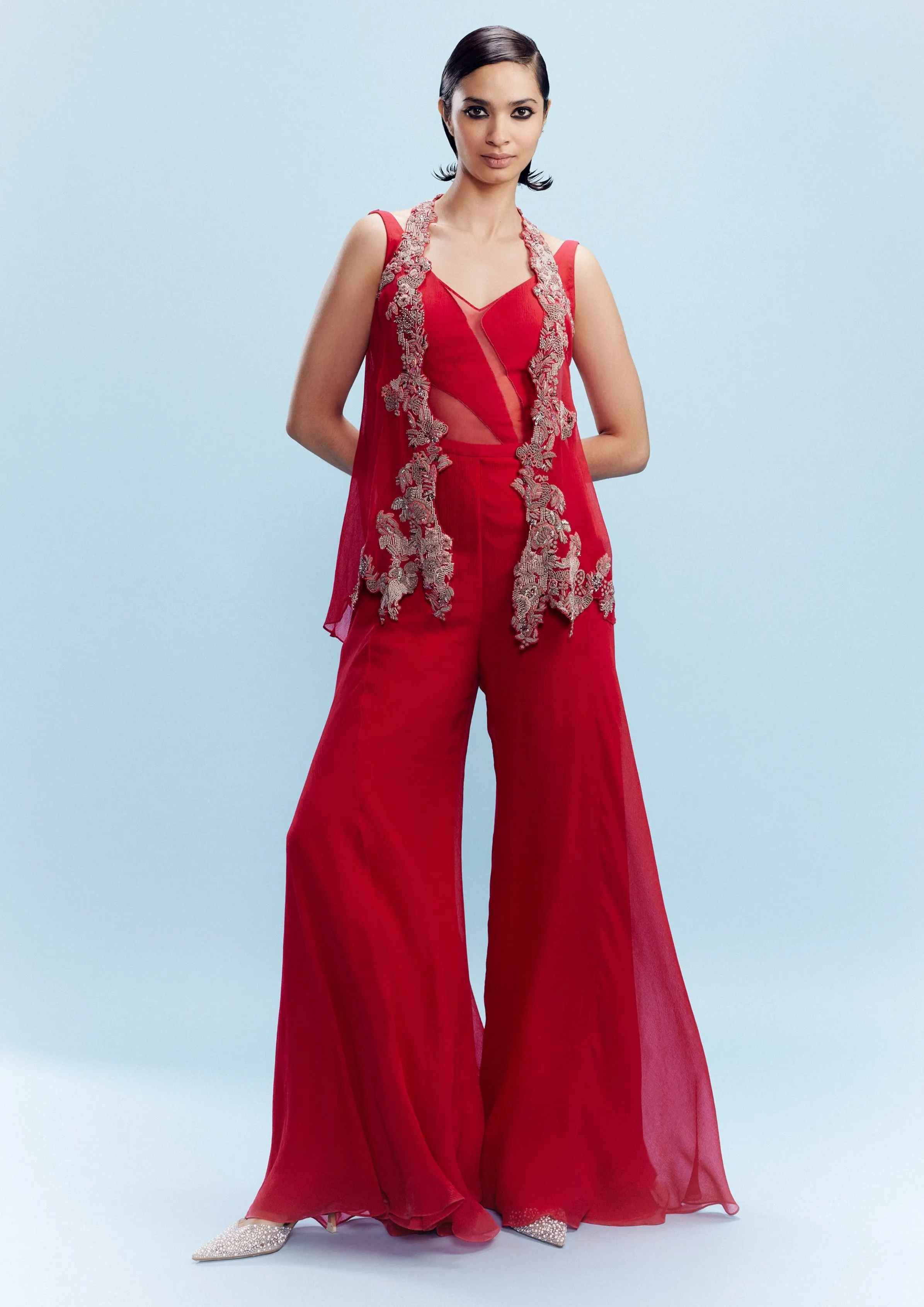 Harini red chiffon jumpsuit and shrug