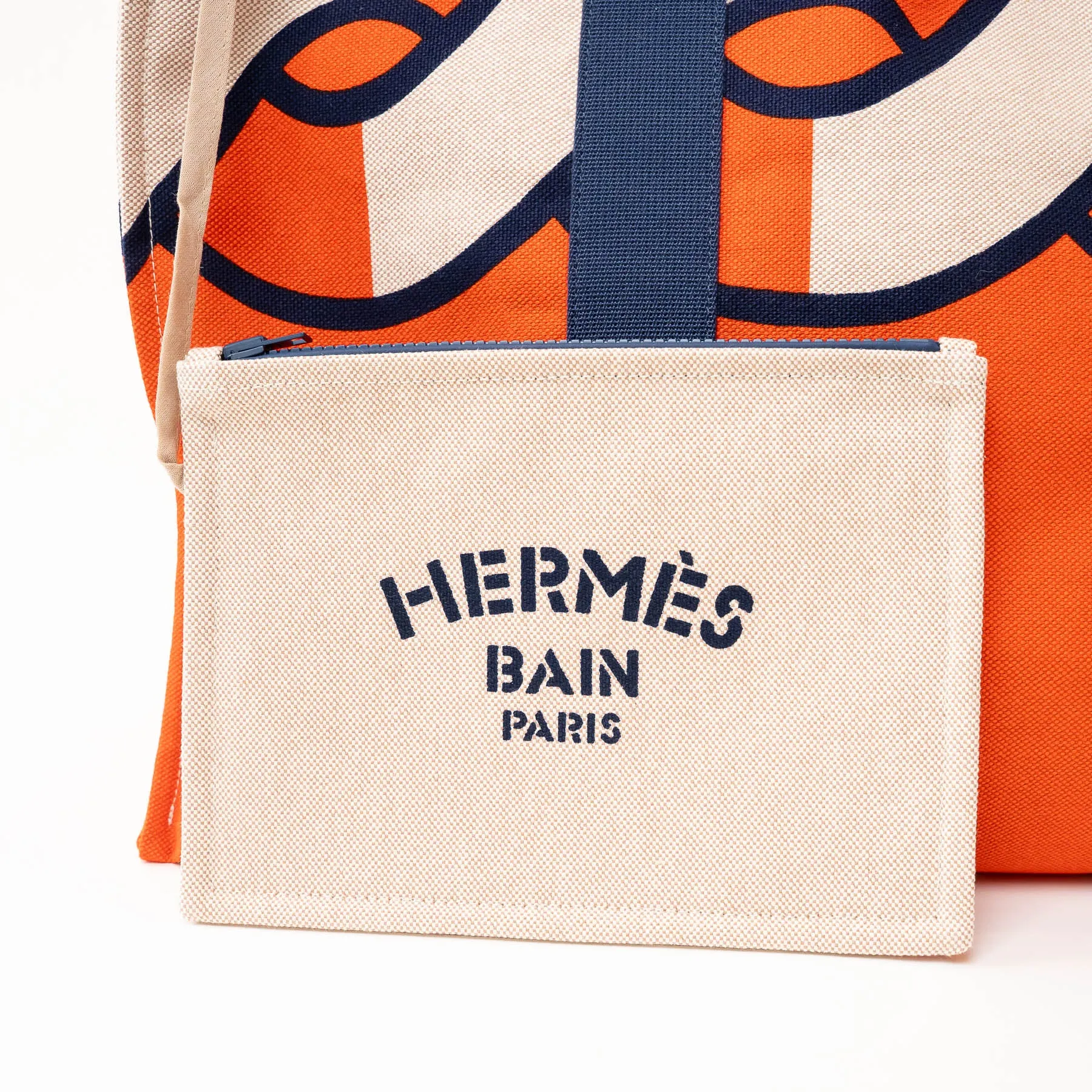 Hermes Orange and Navy Canvas Chain Motif Tote