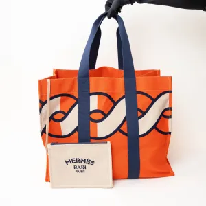 Hermes Orange and Navy Canvas Chain Motif Tote