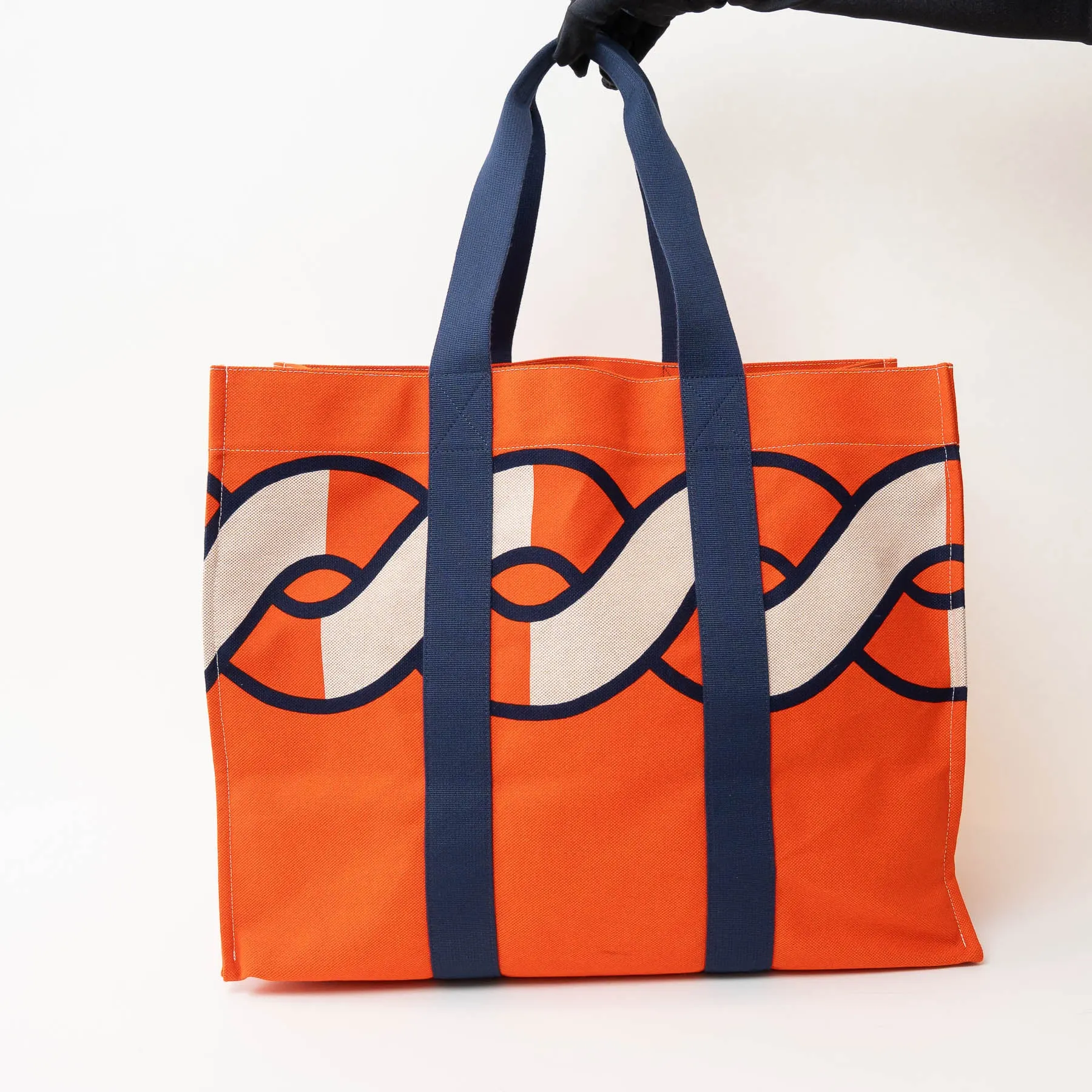 Hermes Orange and Navy Canvas Chain Motif Tote
