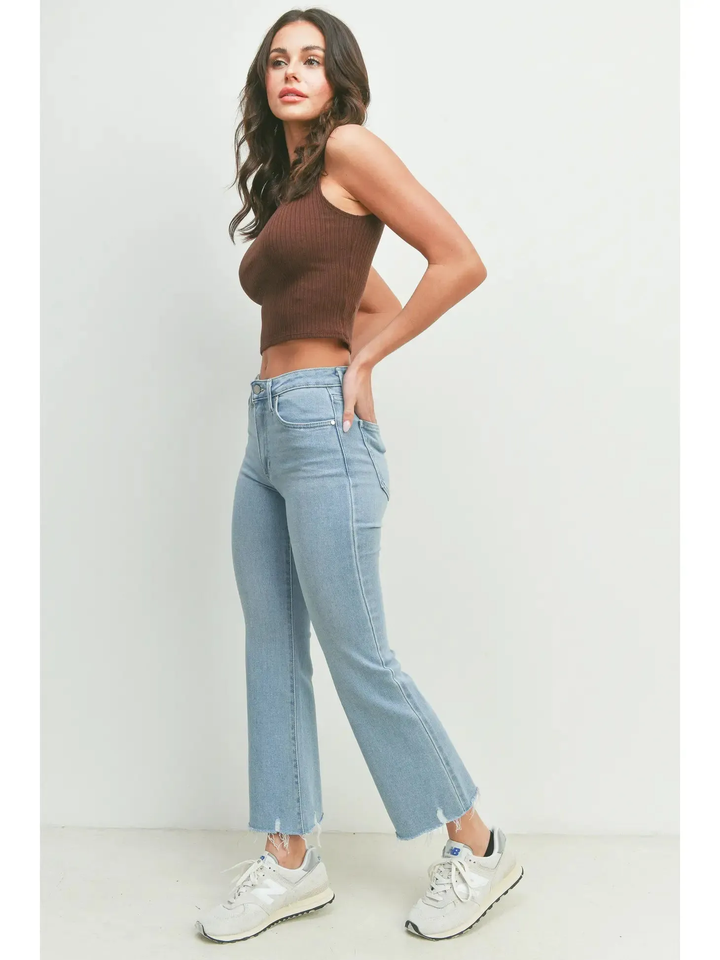 High Rise Crop Flare w/ Distressed Hem